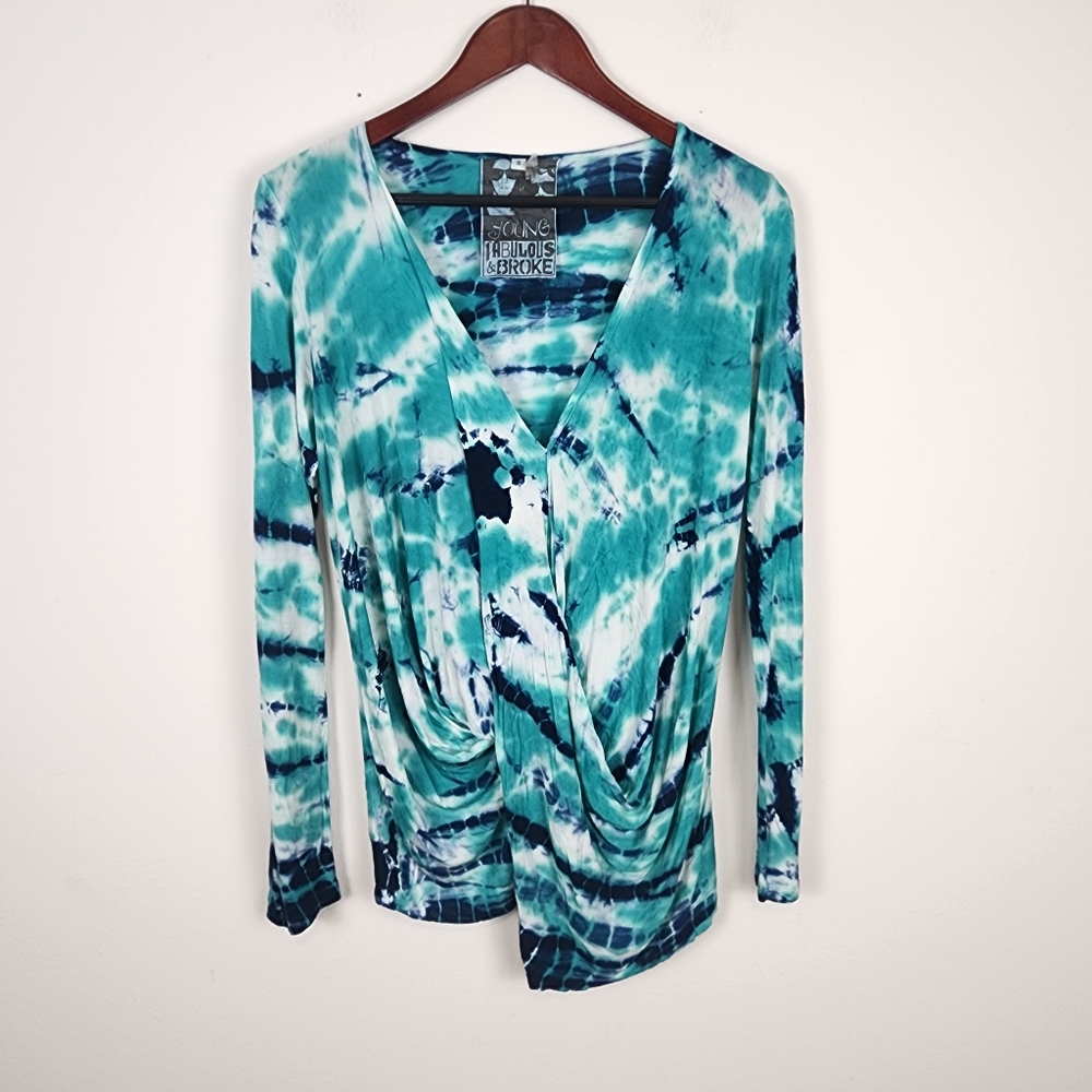 Young Fabulous And Broke Tie Dye Draped Front Blue Green Long Sleeve Shirt Small